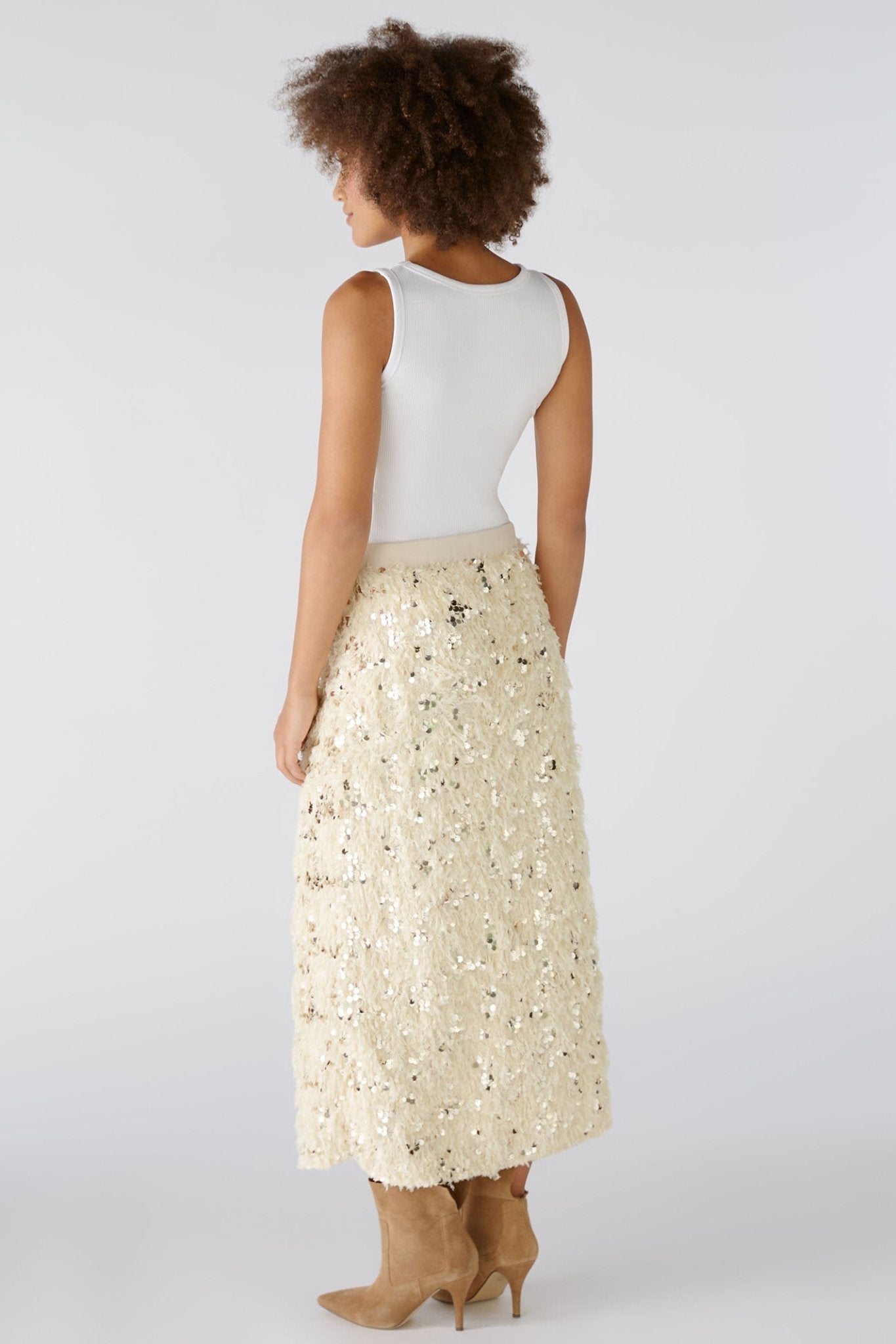 Oui 88977 Off White Camel Sequin Feather Midi Skirt - Dotique