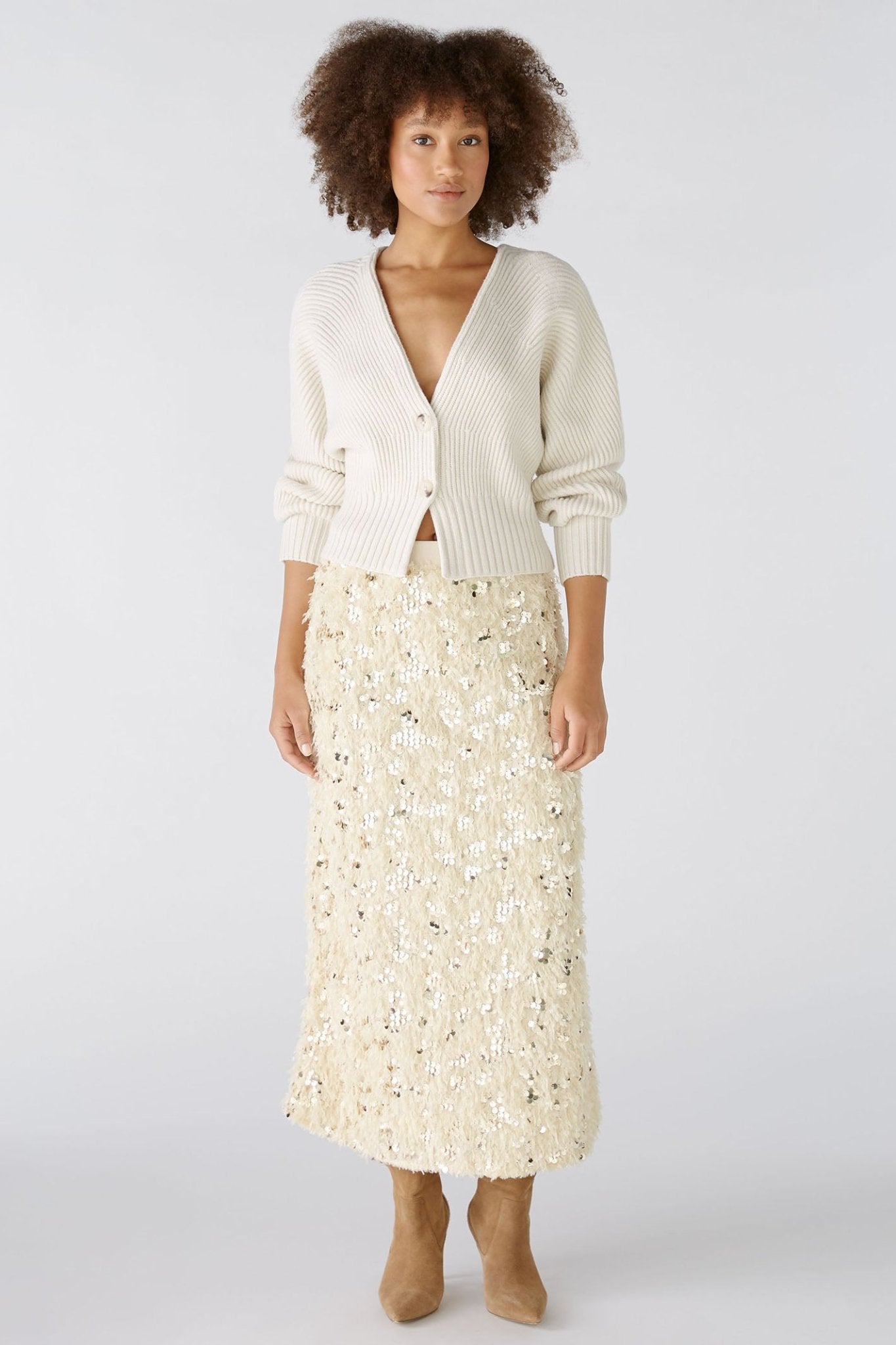 Oui 88977 Off White Camel Sequin Feather Midi Skirt - Dotique
