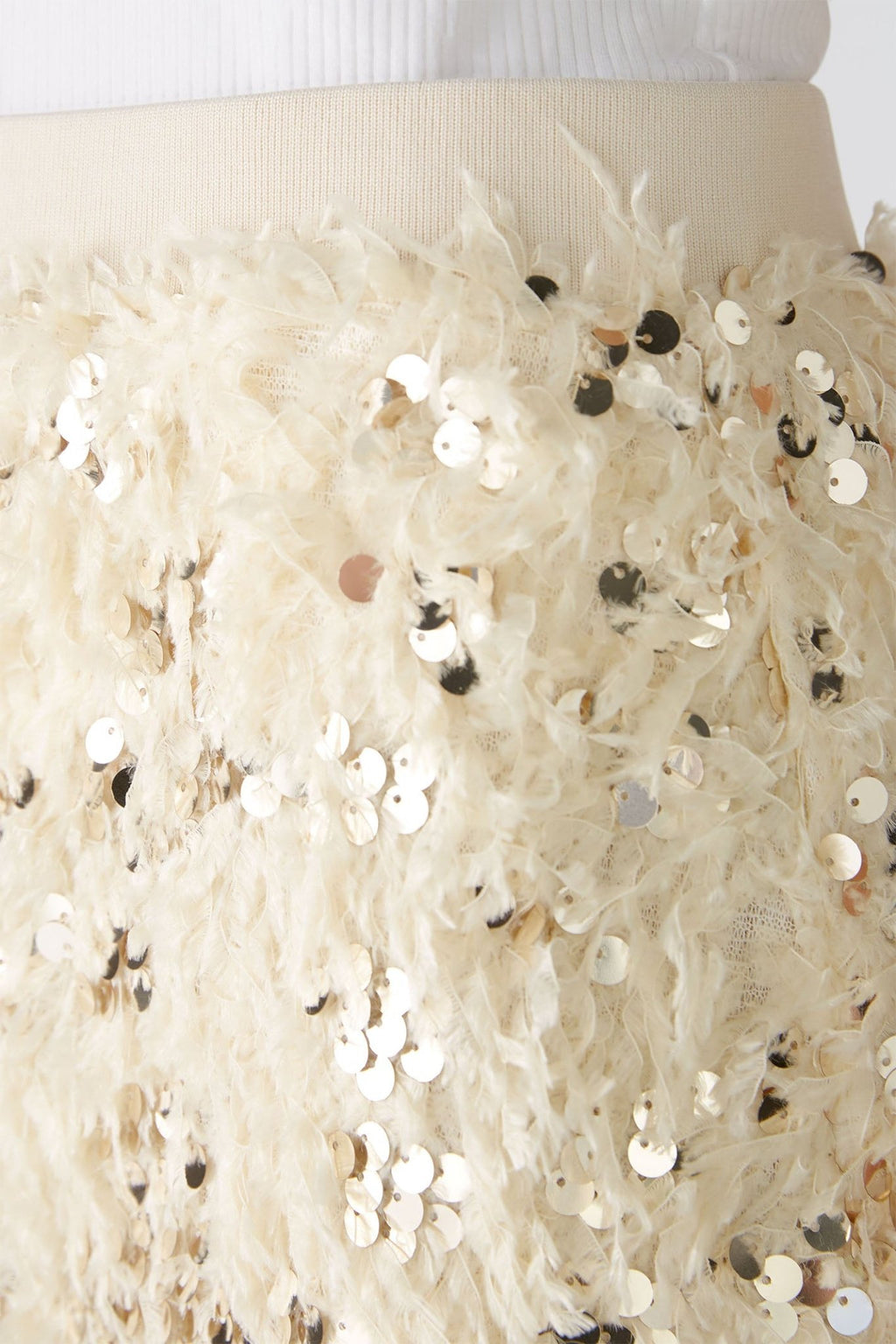 Oui 88977 Off White Camel Sequin Feather Midi Skirt - Dotique