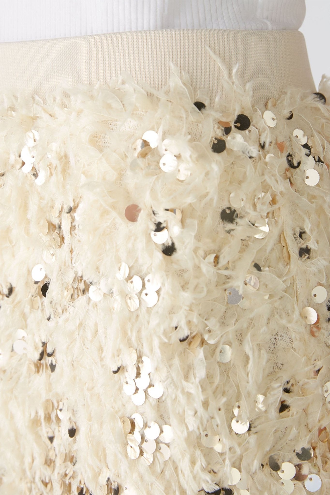 Oui 88977 Off White Camel Sequin Feather Midi Skirt - Dotique