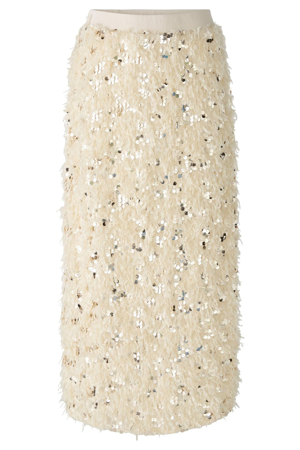 Oui 88977 Off White Camel Sequin Feather Midi Skirt - Dotique