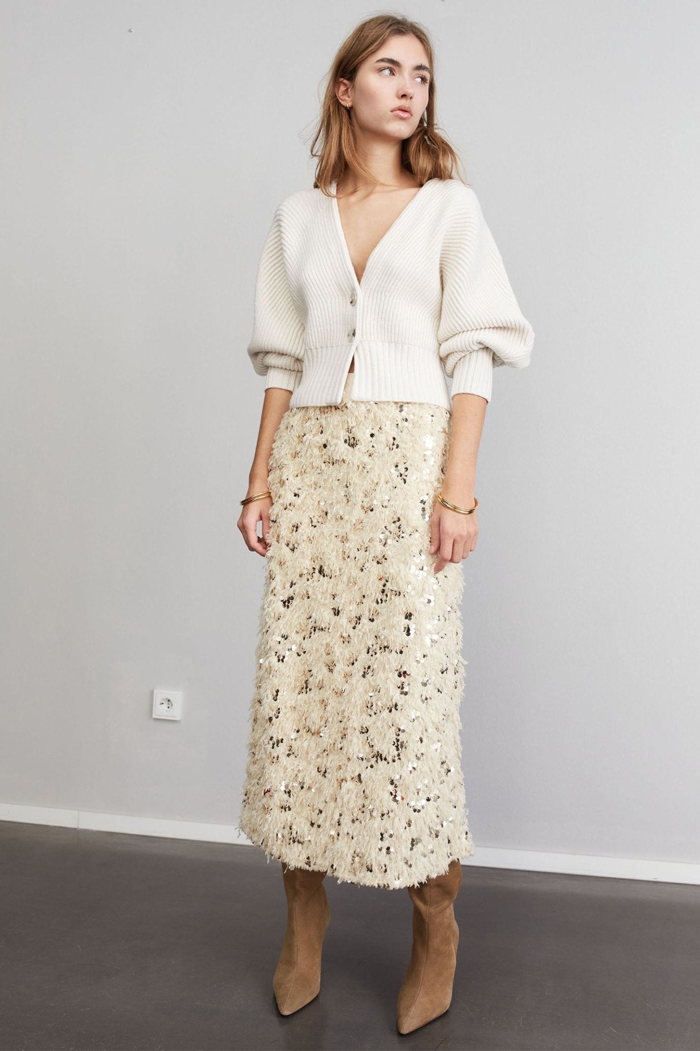 Oui 88977 Off White Camel Sequin Feather Midi Skirt - Dotique