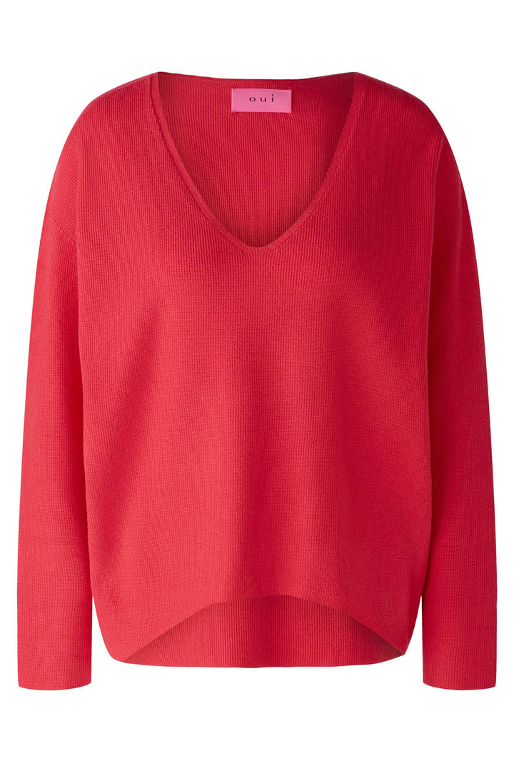 Oui 89057 Jazzy Red Deep V-Neck Jumper - Dotique