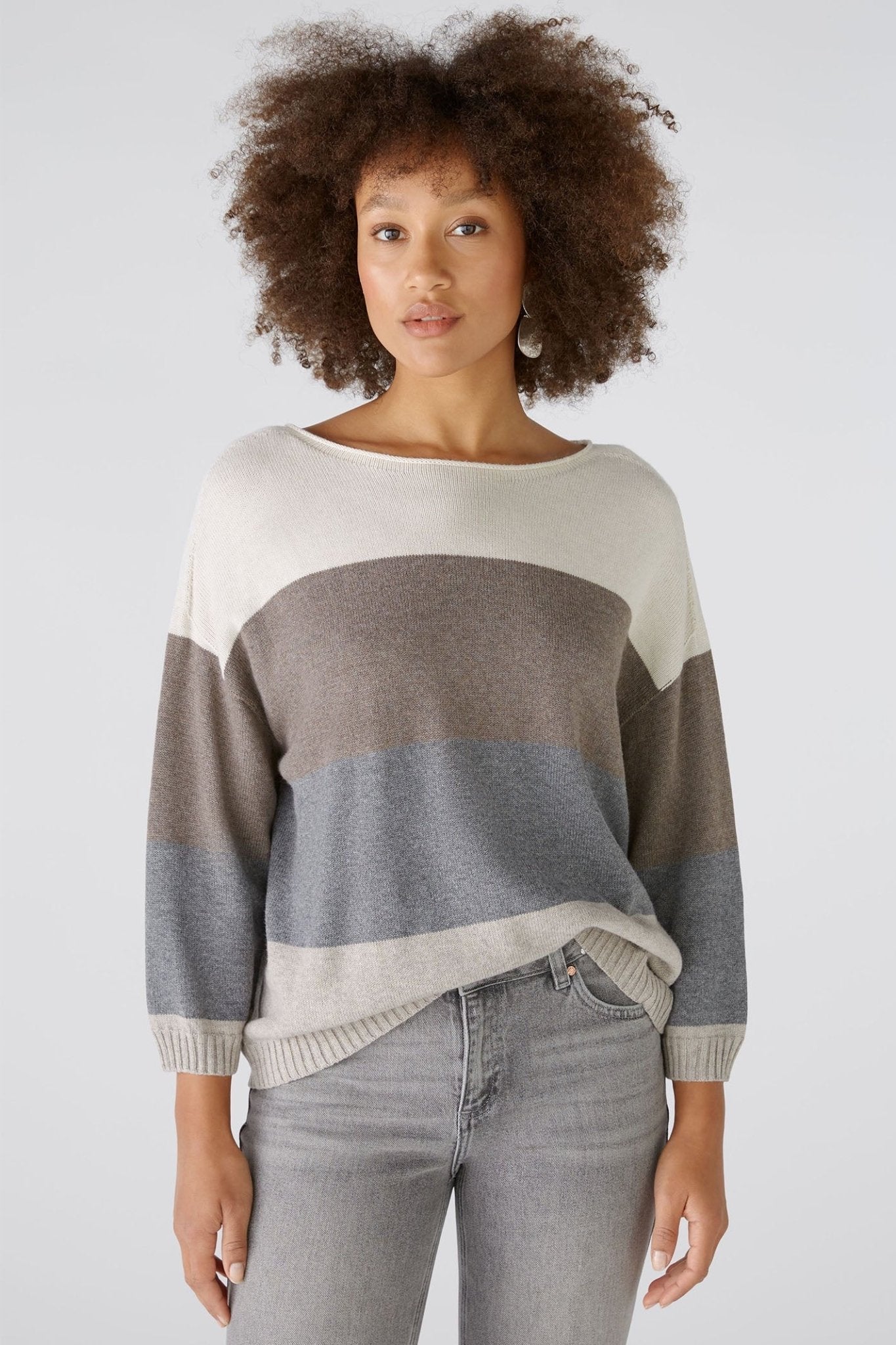 Oui 89248 Grey Camel Stripe Jumper - Dotique