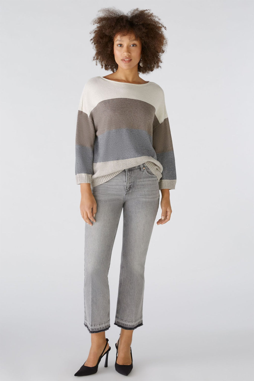 Oui 89248 Grey Camel Stripe Jumper - Dotique