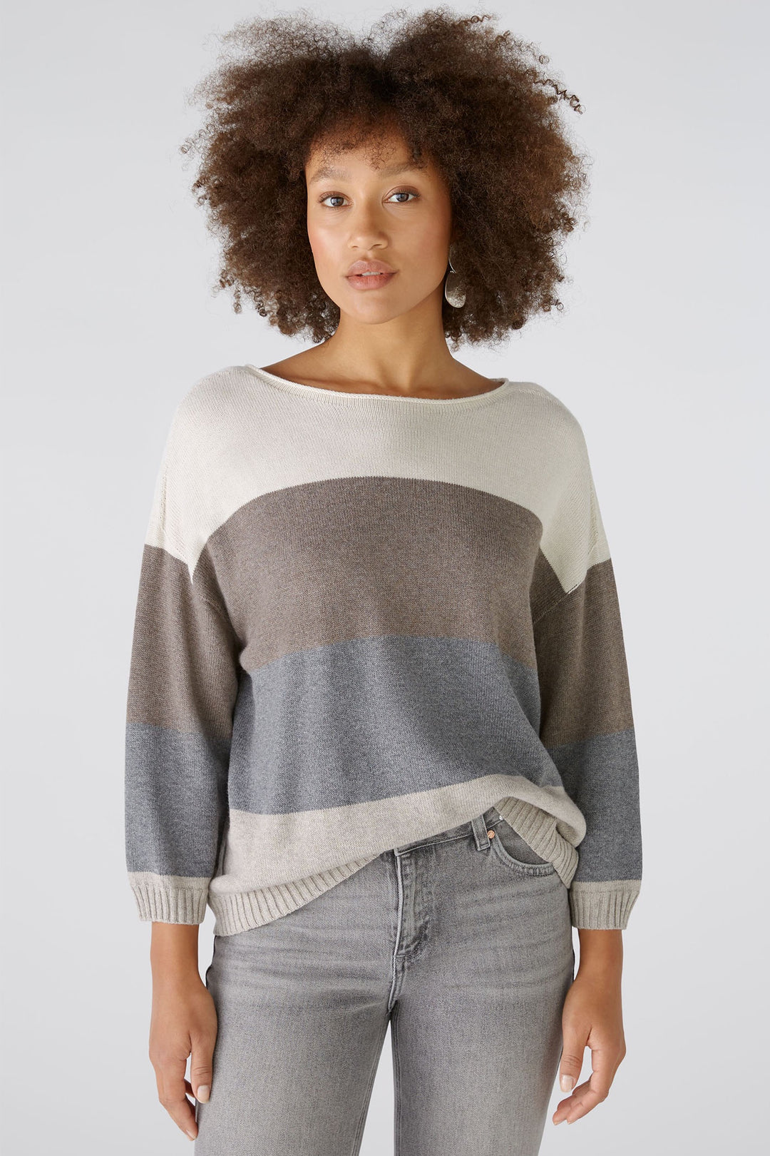 Oui 89248 Grey Camel Stripe Jumper - Dotique