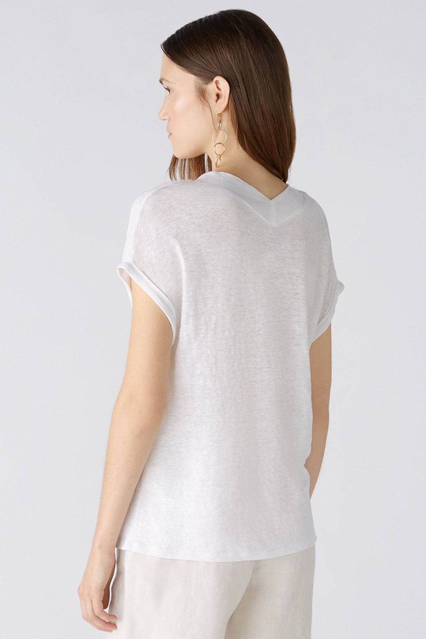 Oui 89731 Optic White V-Neck Cap Sleeve Linen Top - Dotique Chesterfield