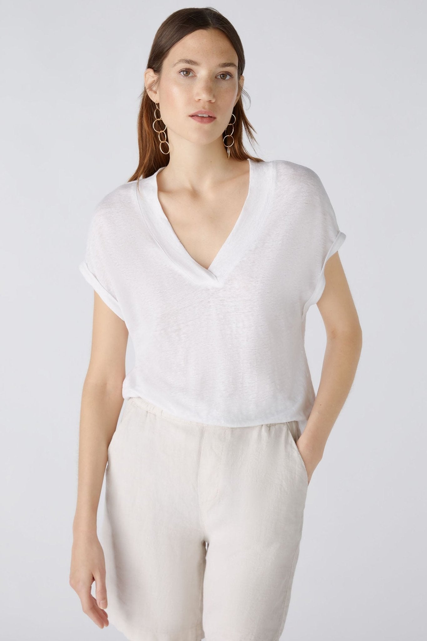 Oui 89731 Optic White V-Neck Cap Sleeve Linen Top - Dotique Chesterfield