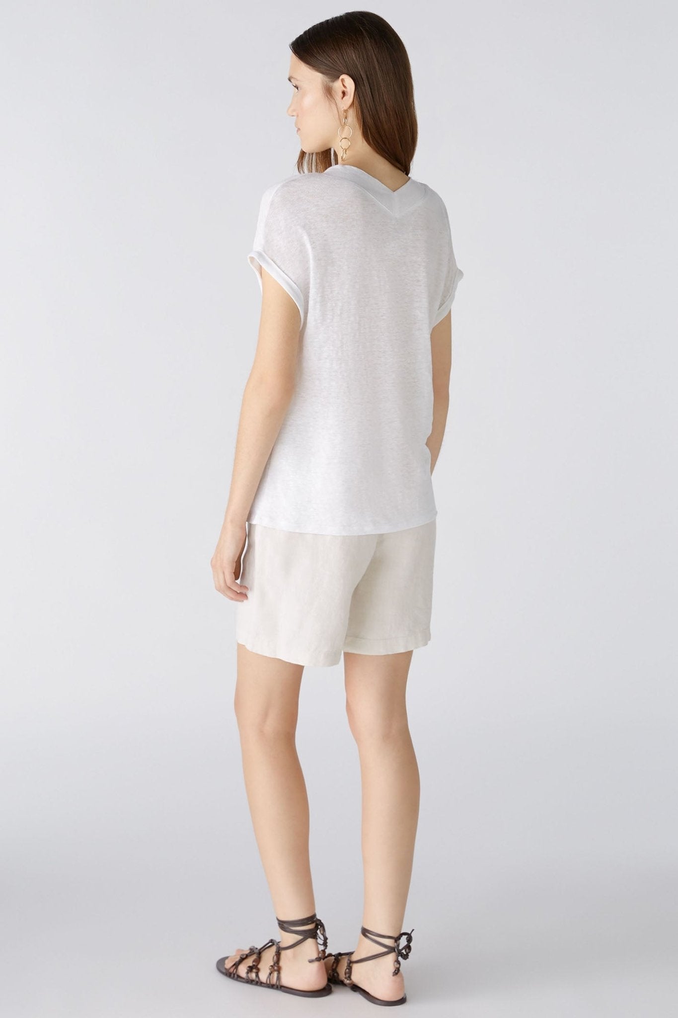 Oui 89731 Optic White V-Neck Cap Sleeve Linen Top - Dotique Chesterfield