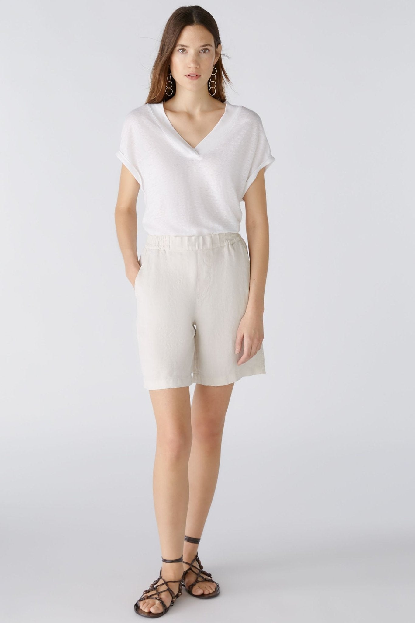Oui 89731 Optic White V-Neck Cap Sleeve Linen Top - Dotique Chesterfield