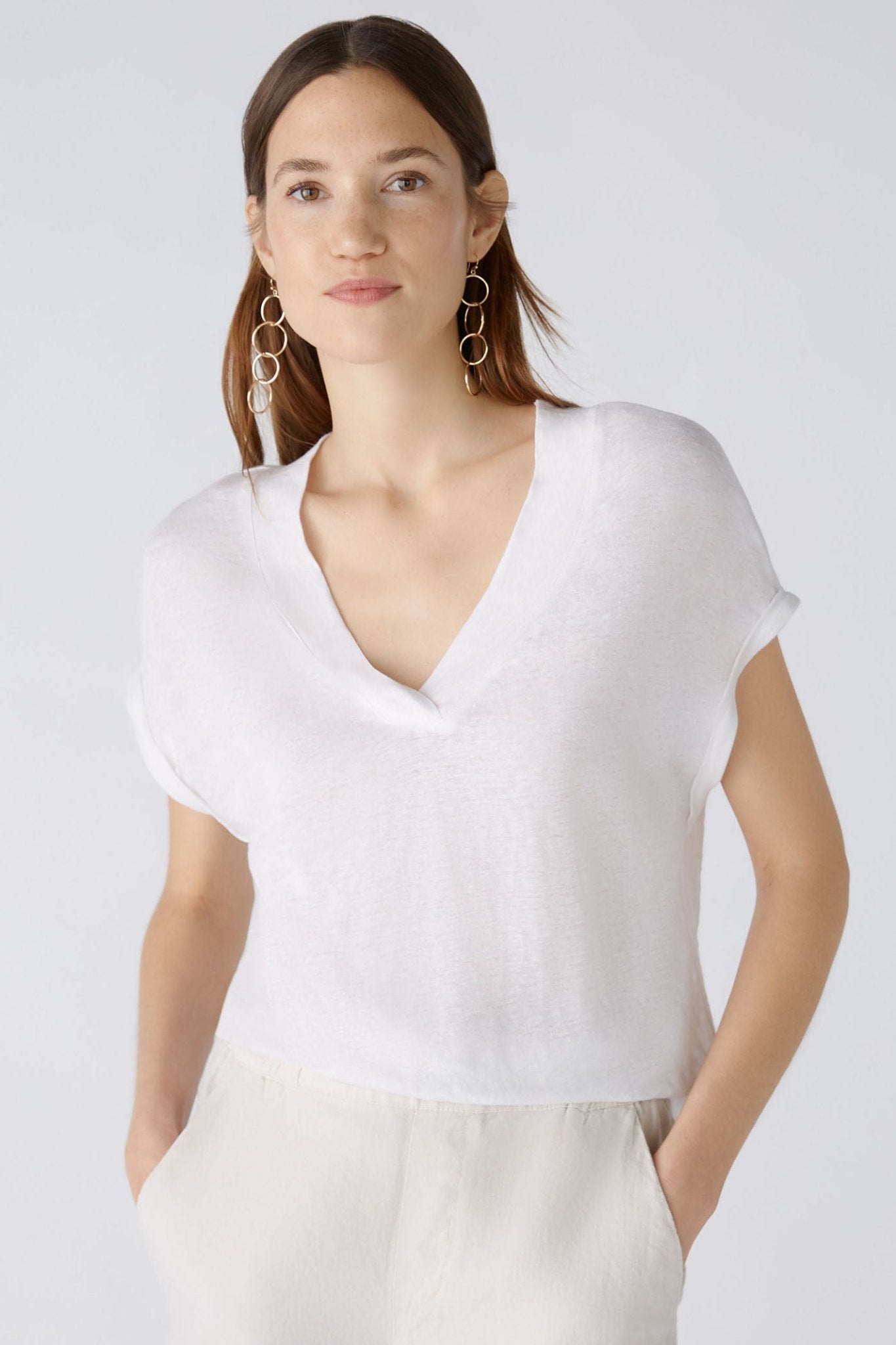 Oui 89731 Optic White V-Neck Cap Sleeve Linen Top - Dotique Chesterfield