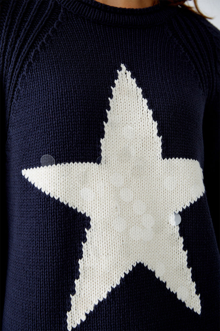 Oui 90155 Dark Blue White Sequin Star Jumper - Dotique