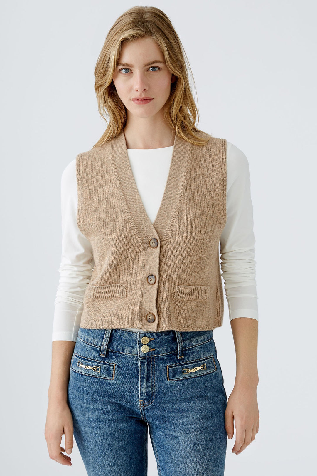 Oui 90235 Beige Knitted Waistcoat - Dotique