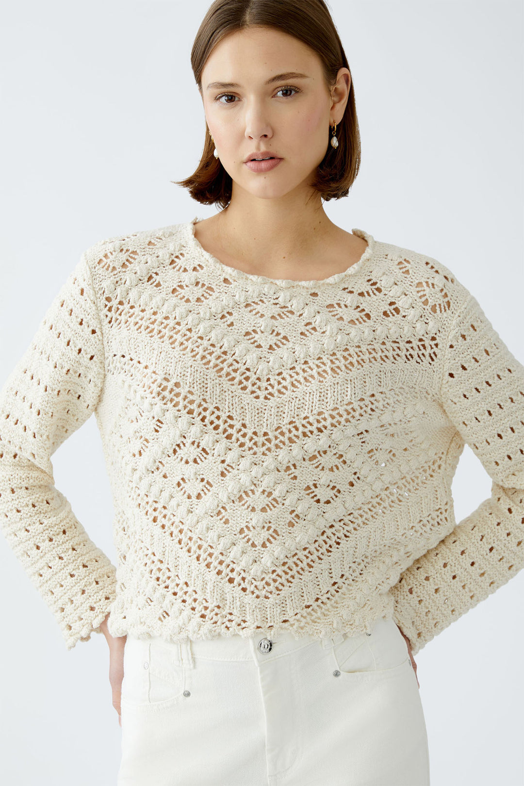 Oui 90812 Gardenia Cream Crochet Knit Jumper - Dotique