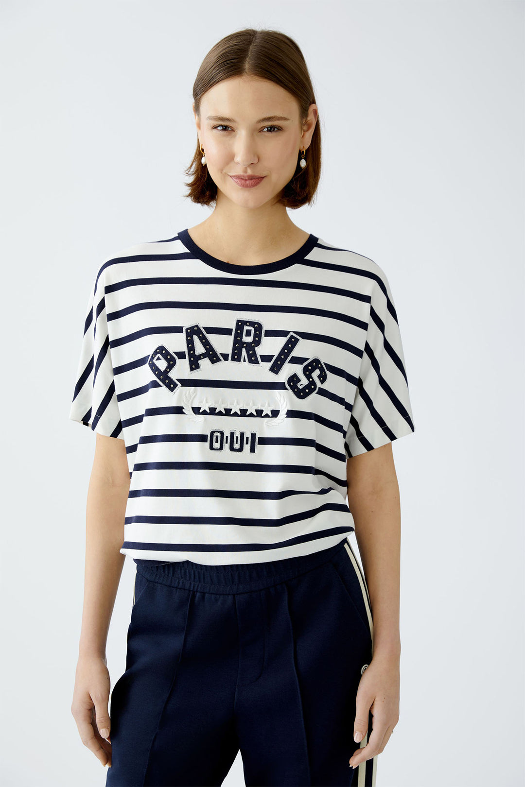 Oui 91839 White Blue Stripe Paris Motif T-Shirt - Dotique