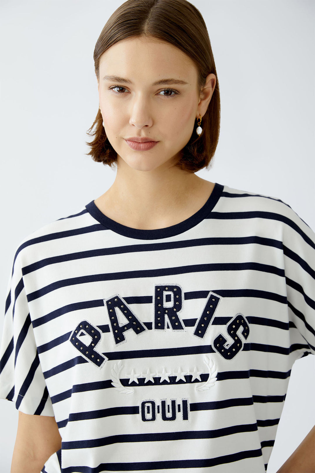 Oui 91839 White Blue Stripe Paris Motif T-Shirt - Dotique