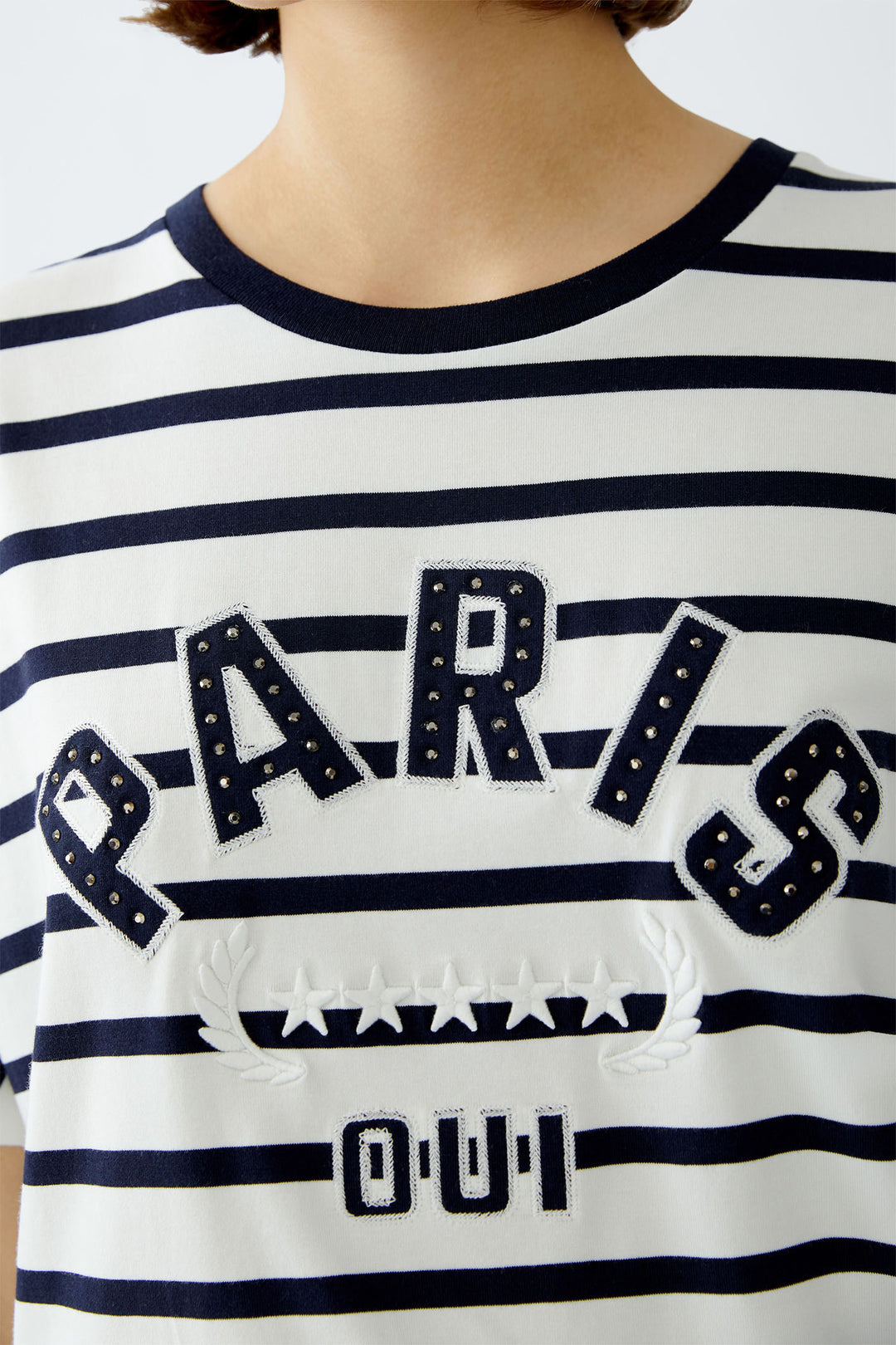 Oui 91839 White Blue Stripe Paris Motif T-Shirt - Dotique