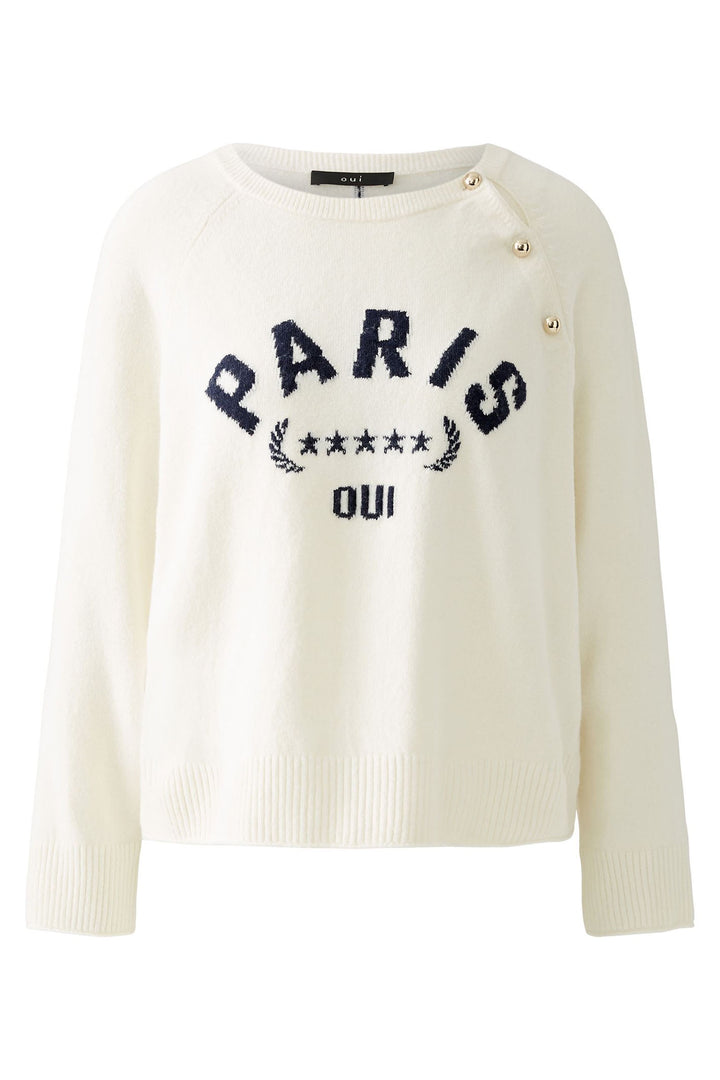 Oui 91950 White Paris Motif Button Shoulder Jumper - Dotique