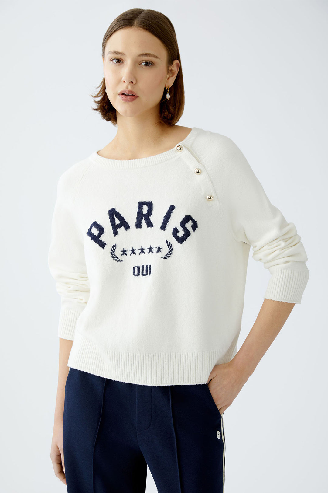 Oui 91950 White Paris Motif Button Shoulder Jumper - Dotique