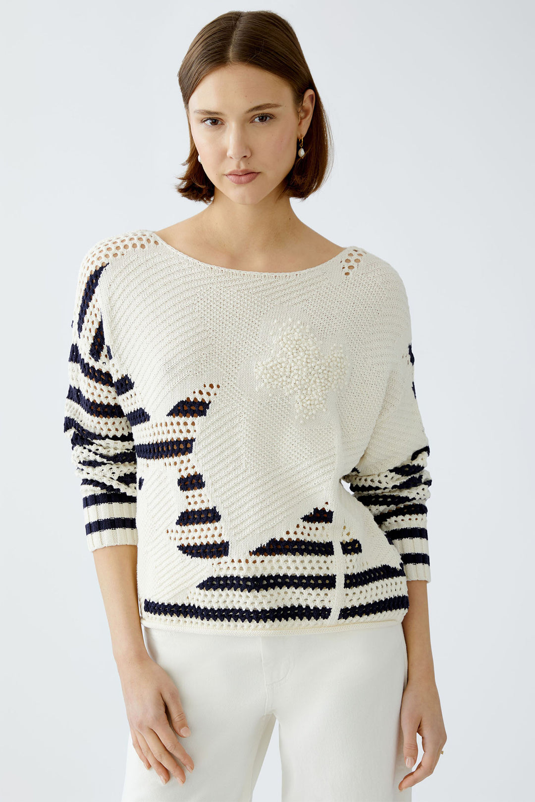 Oui 91958 White Blue Stripe Mesh Knit Jumper - Dotique