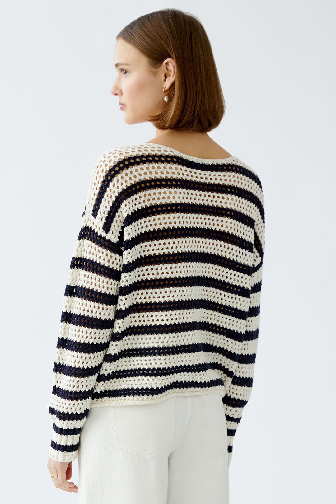 Oui 91958 White Blue Stripe Mesh Knit Jumper - Dotique