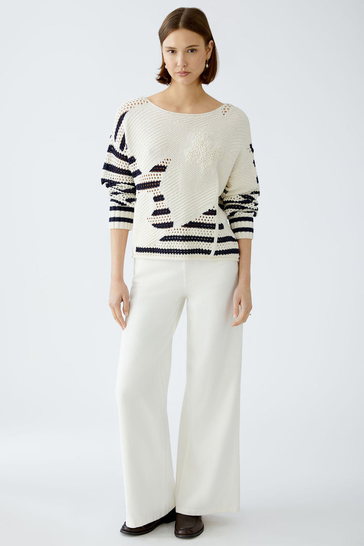 Oui 91958 White Blue Stripe Mesh Knit Jumper - Dotique