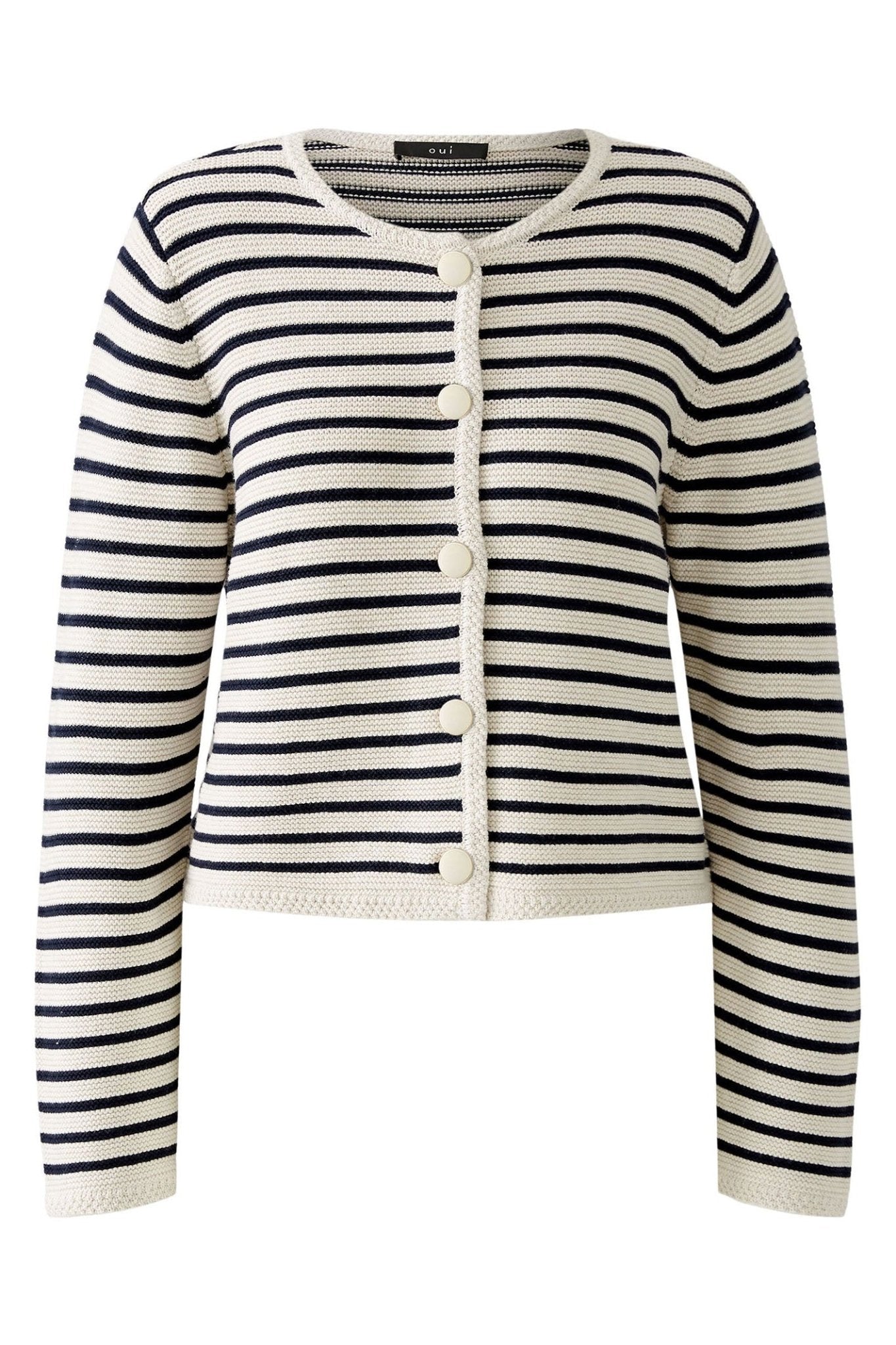 Oui 91966 White Blue Stripe Round Neck Cardigan Jacket - Dotique - Oui