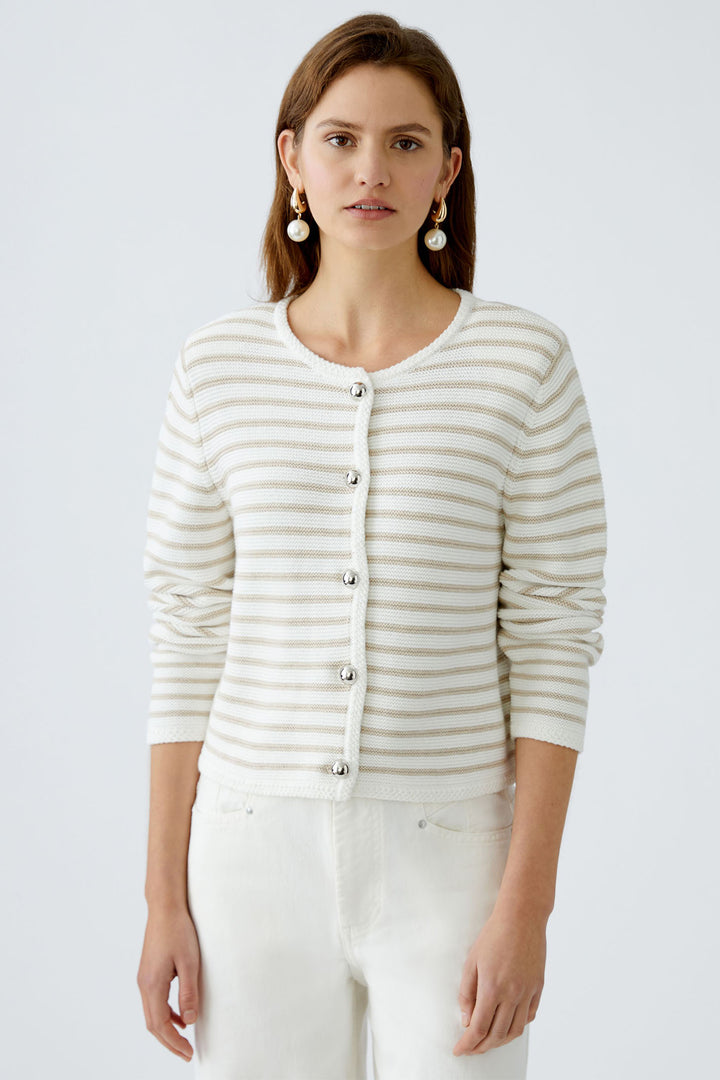 Oui 91966 White Camel Stripe Knit Cardigan Jacket - Dotique