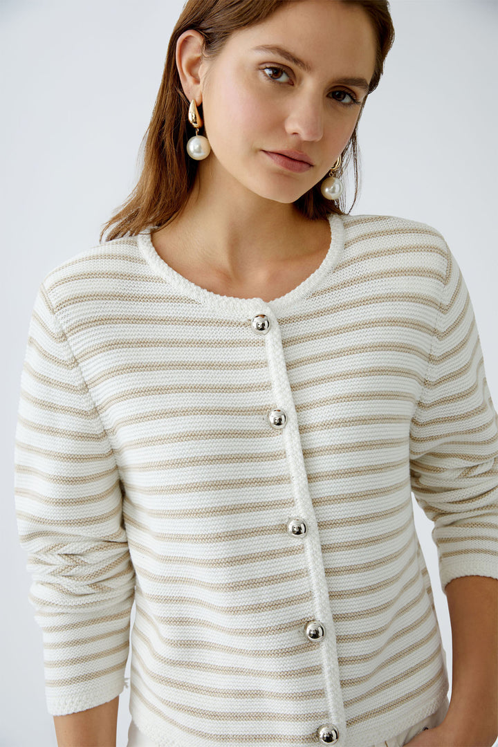 Oui 91966 White Camel Stripe Knit Cardigan Jacket - Dotique