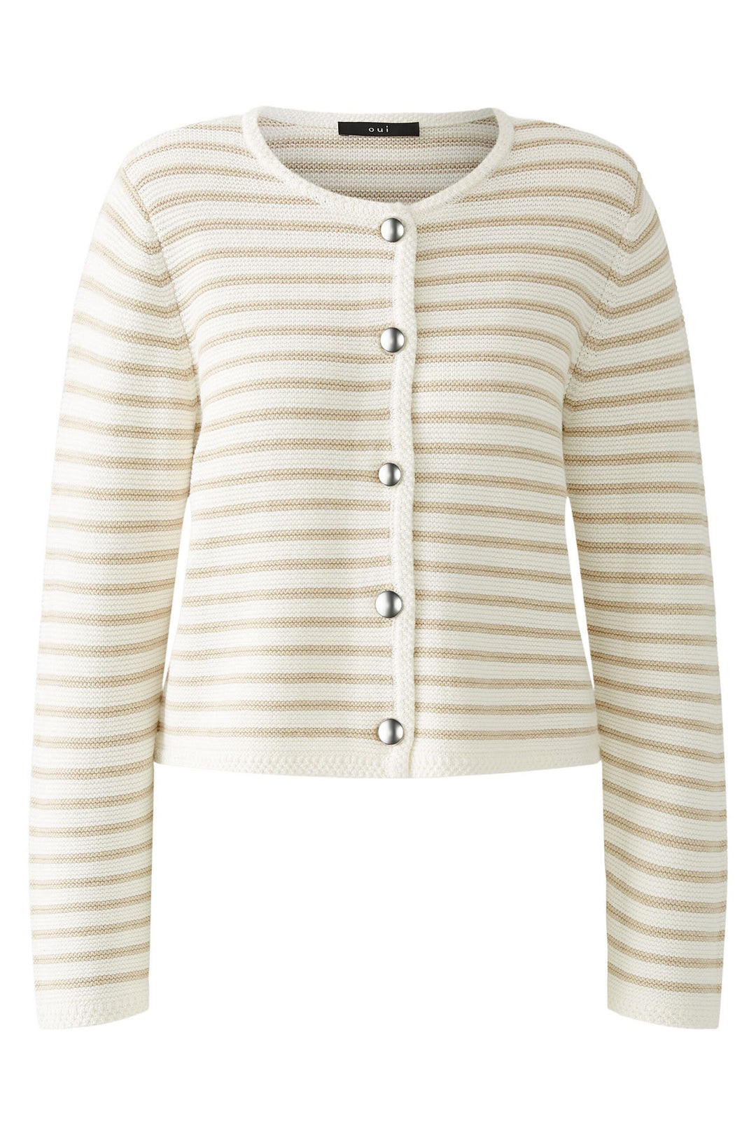 Oui 91966 White Camel Stripe Knit Cardigan Jacket - Dotique