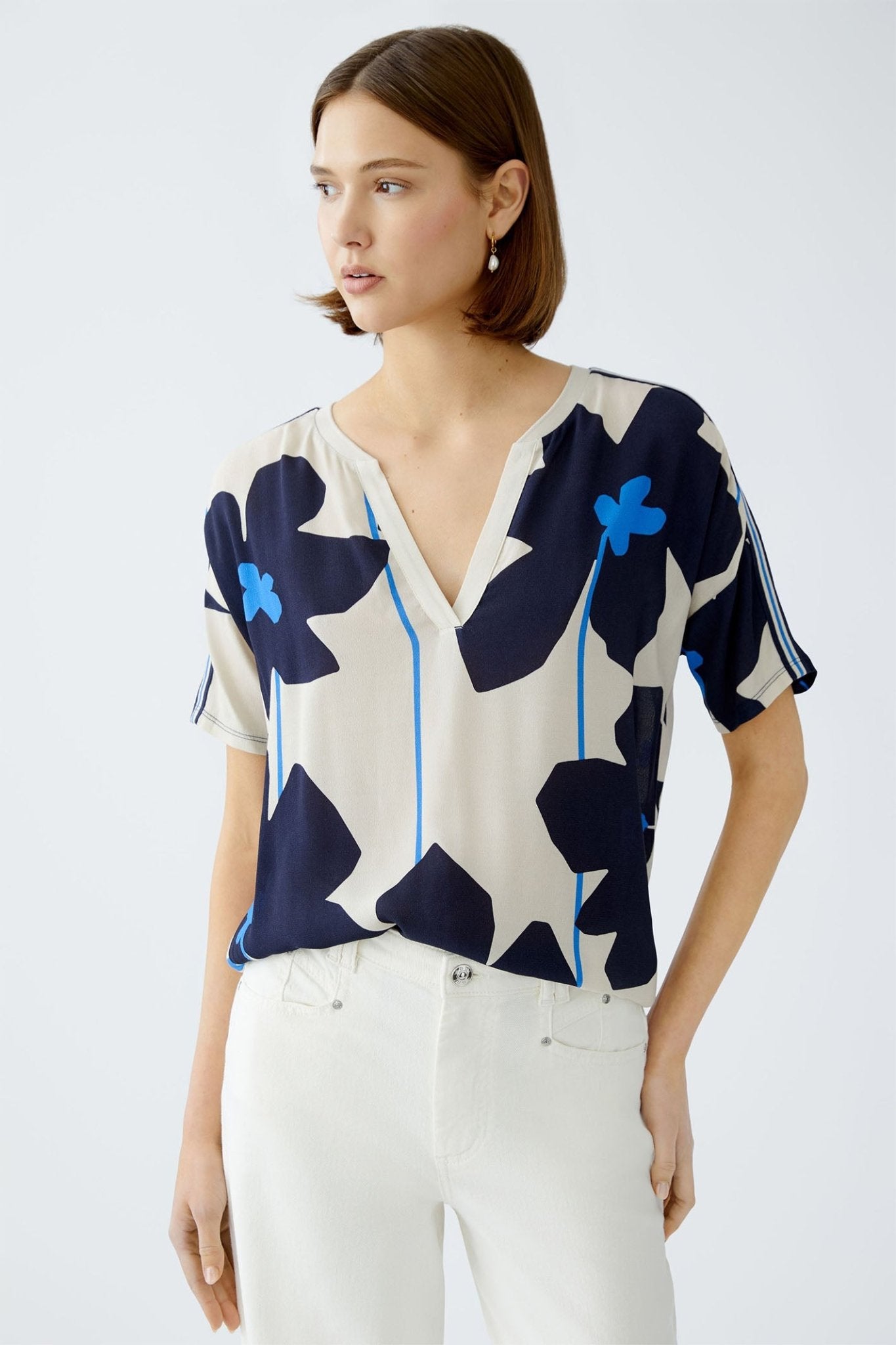 Oui 91970 Light Stone Blue Flower Print Blouse Top - Dotique