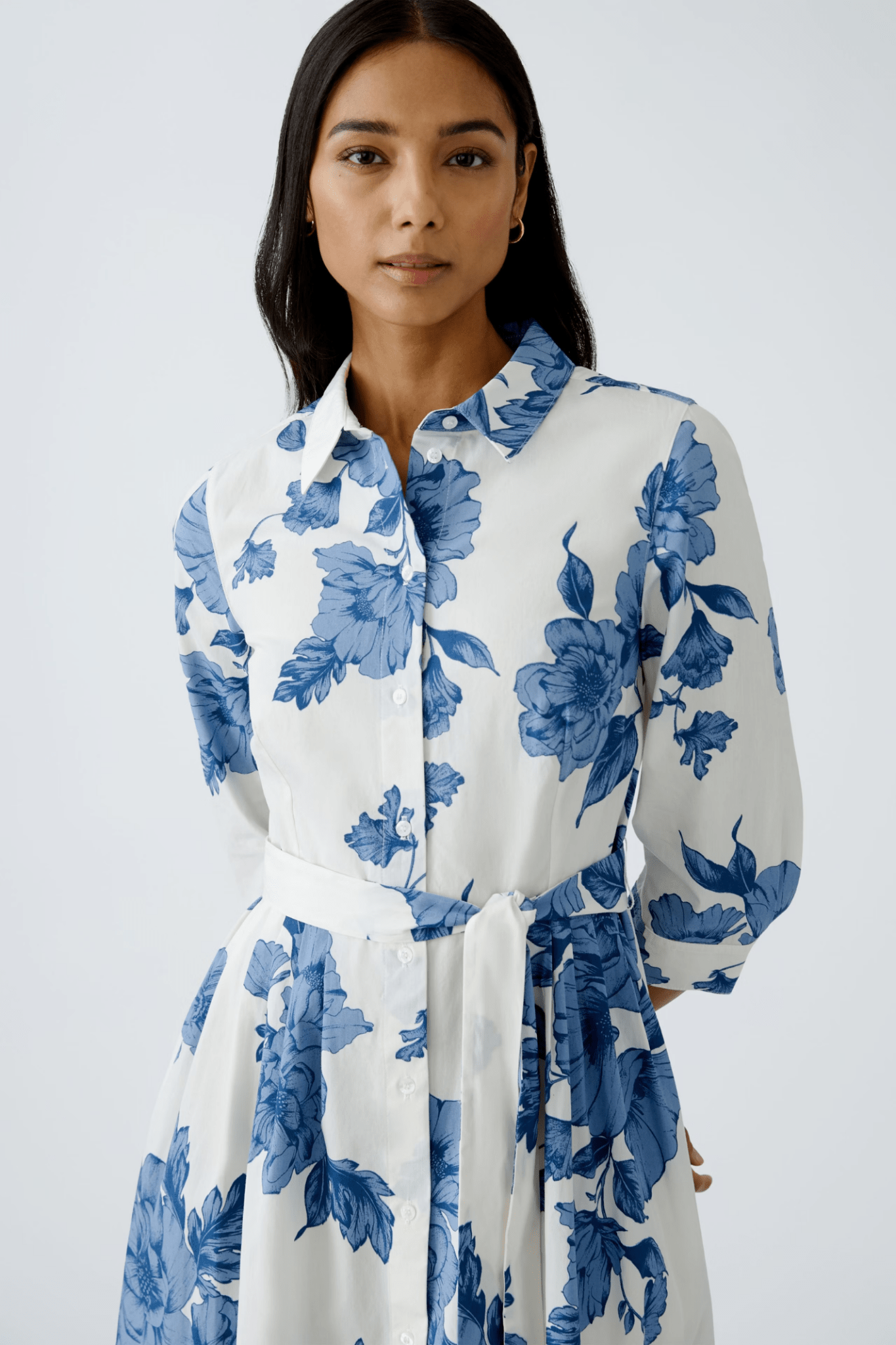 Oui 92855 Blue & White Floral Midi Shirt Dress - Dotique