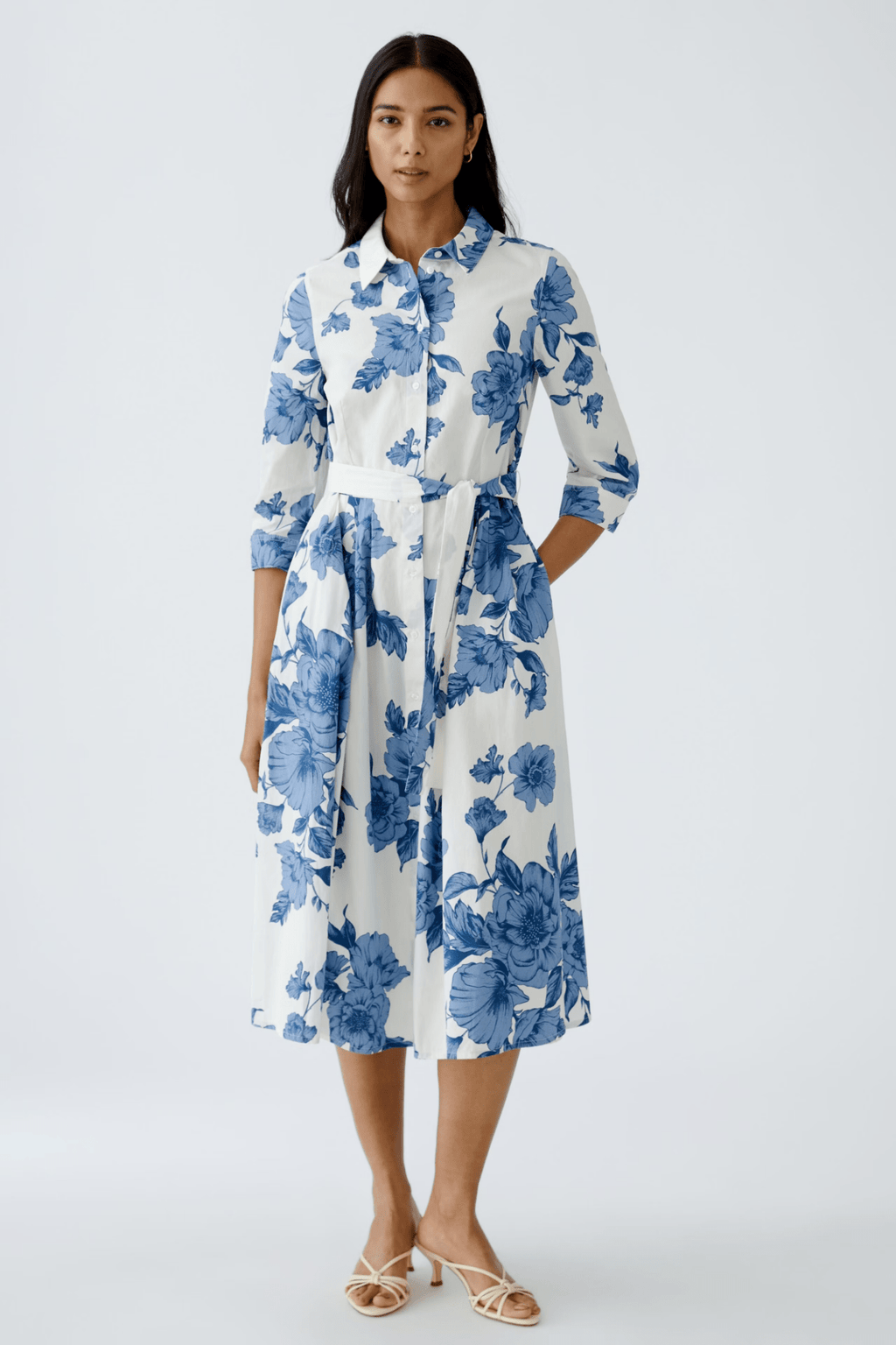 Oui 92855 Blue & White Floral Midi Shirt Dress - Dotique