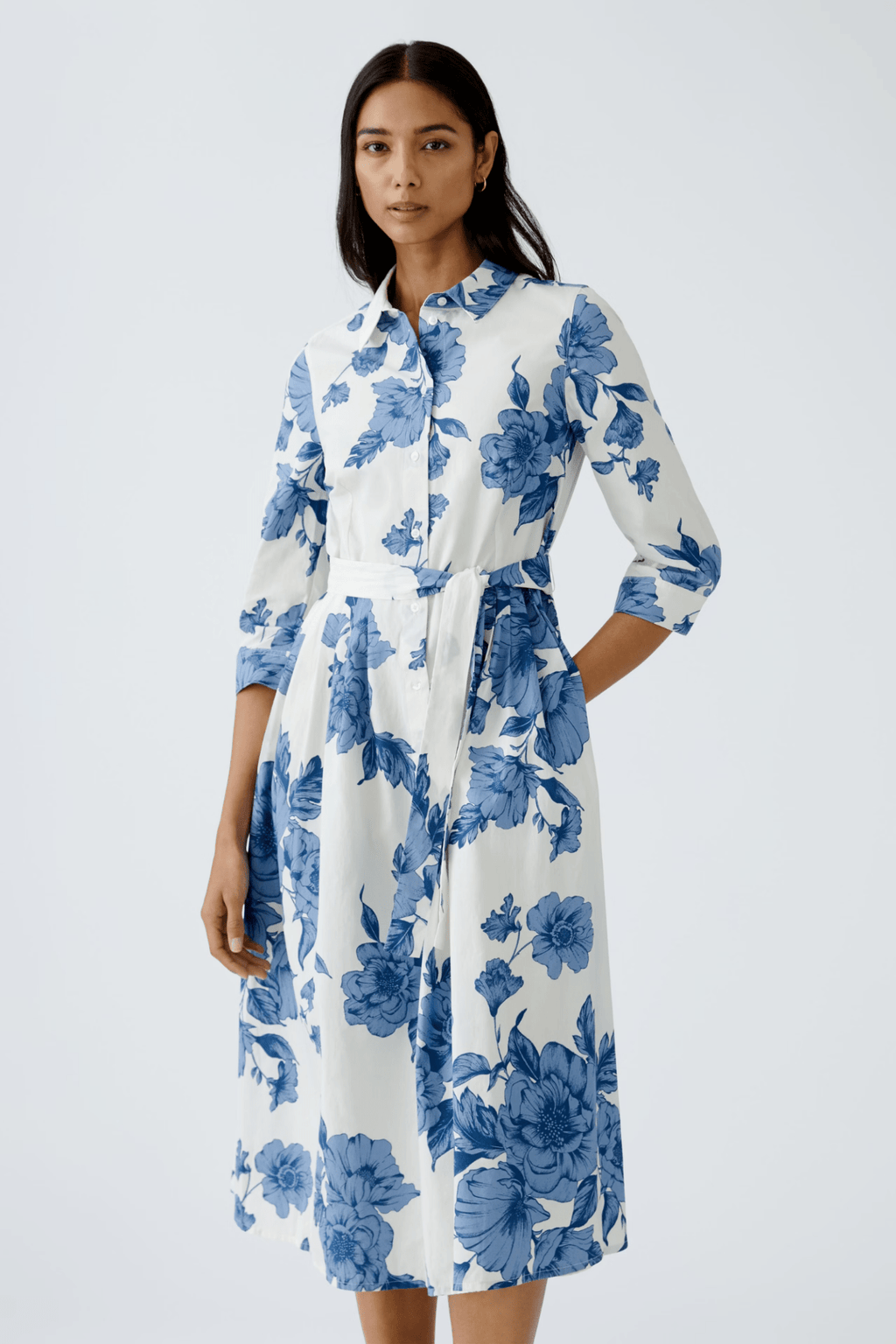 Oui 92855 Blue & White Floral Midi Shirt Dress - Dotique
