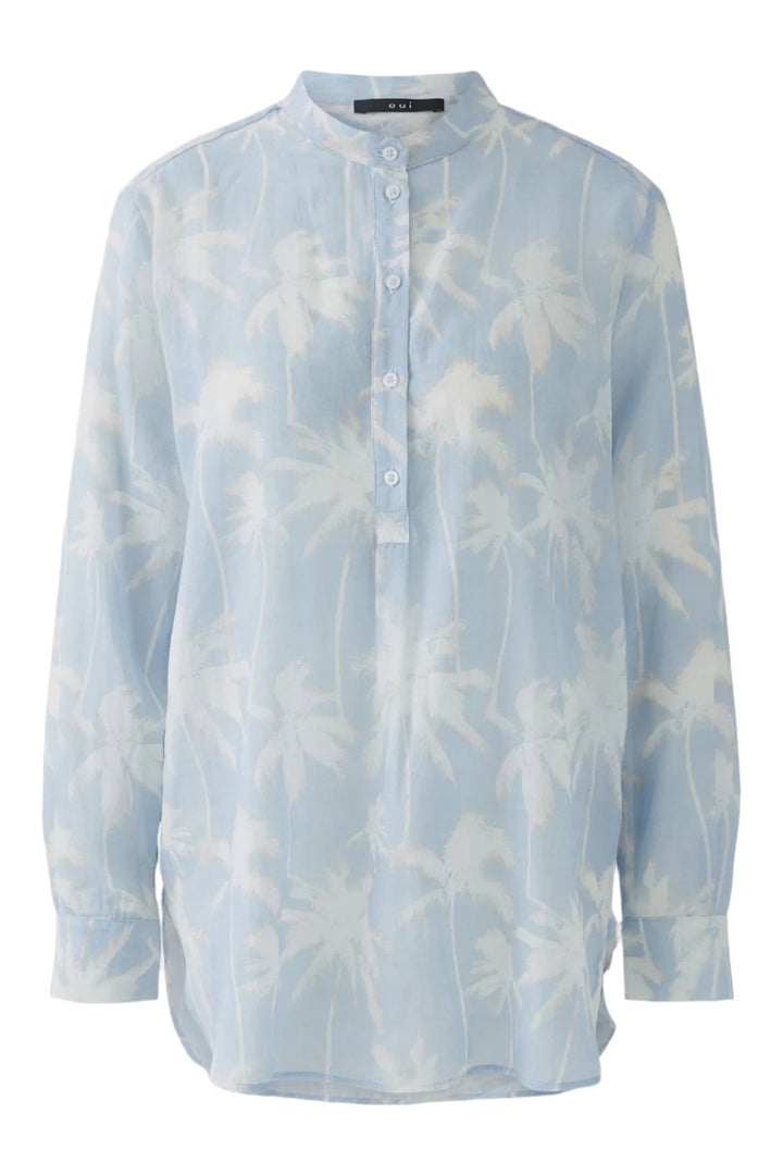 Oui 93136 Blue & White Palm Print Blouse - Dotique