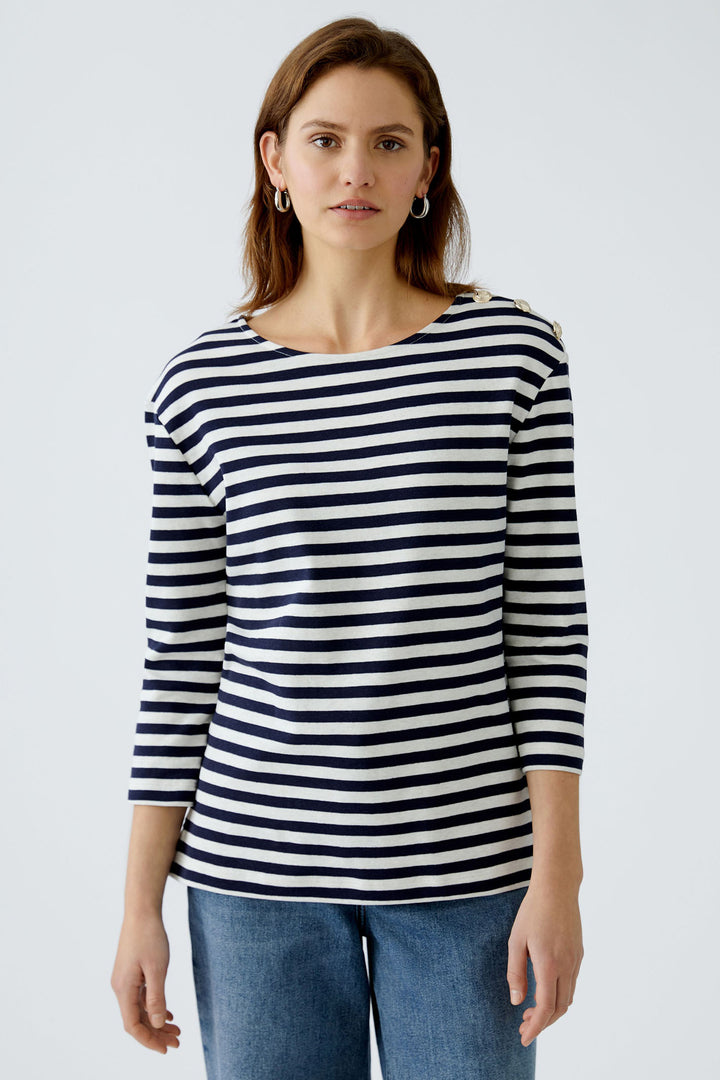 Oui 93373 Navy White Stripe Breton Style Boat Neck Top - Dotique