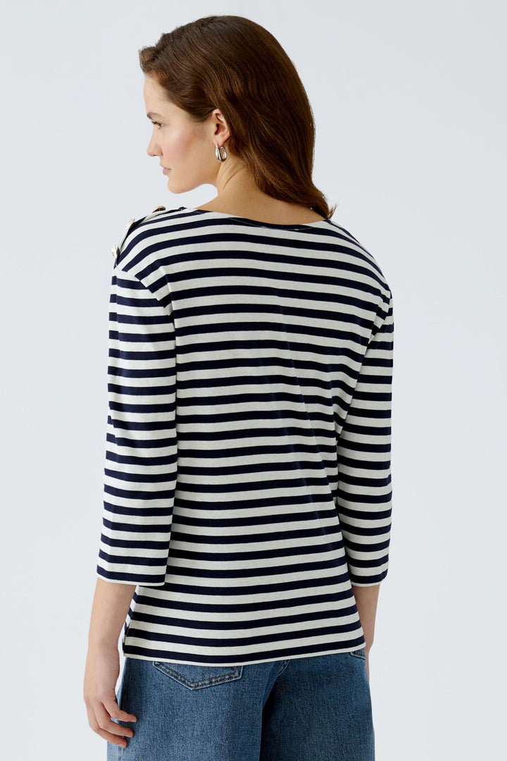 Oui 93373 Navy White Stripe Breton Style Boat Neck Top - Dotique