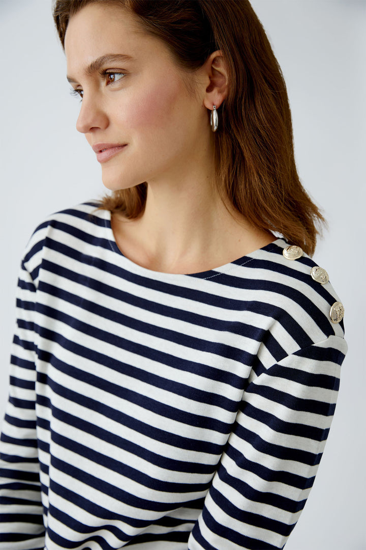 Oui 93373 Navy White Stripe Breton Style Boat Neck Top - Dotique