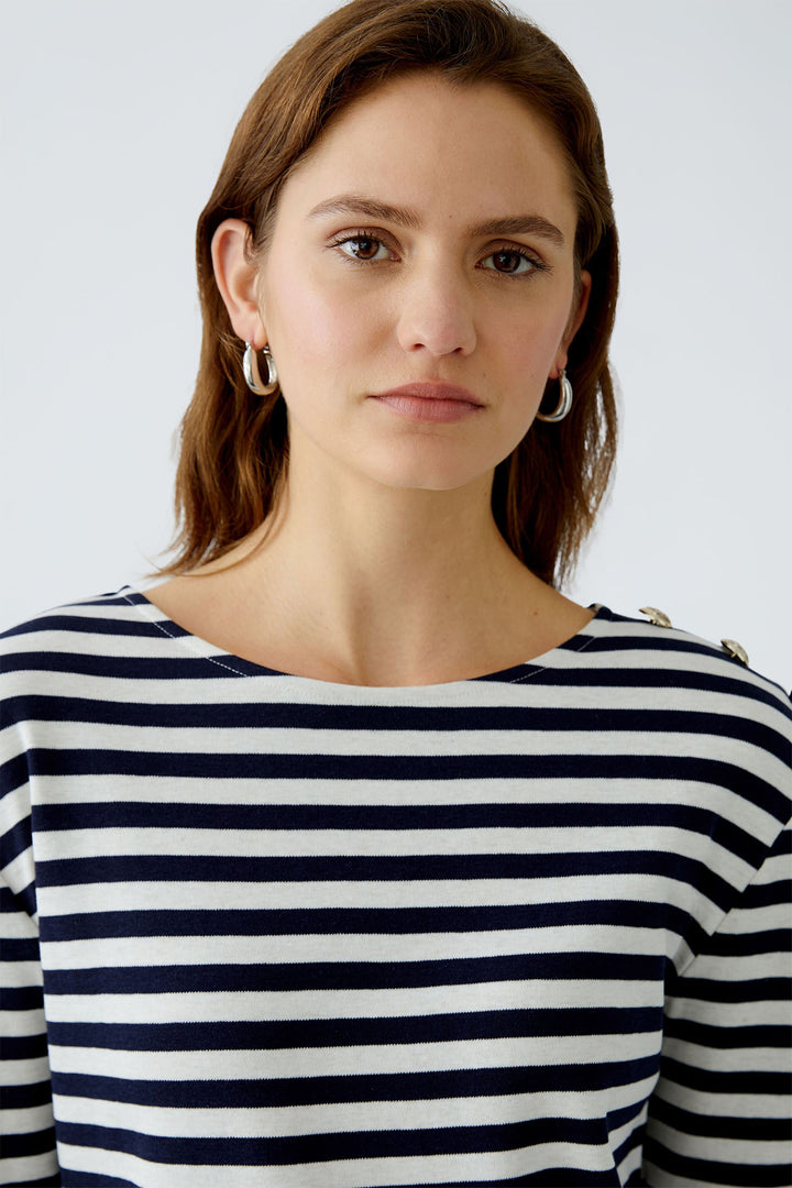 Oui 93373 Navy White Stripe Breton Style Boat Neck Top - Dotique