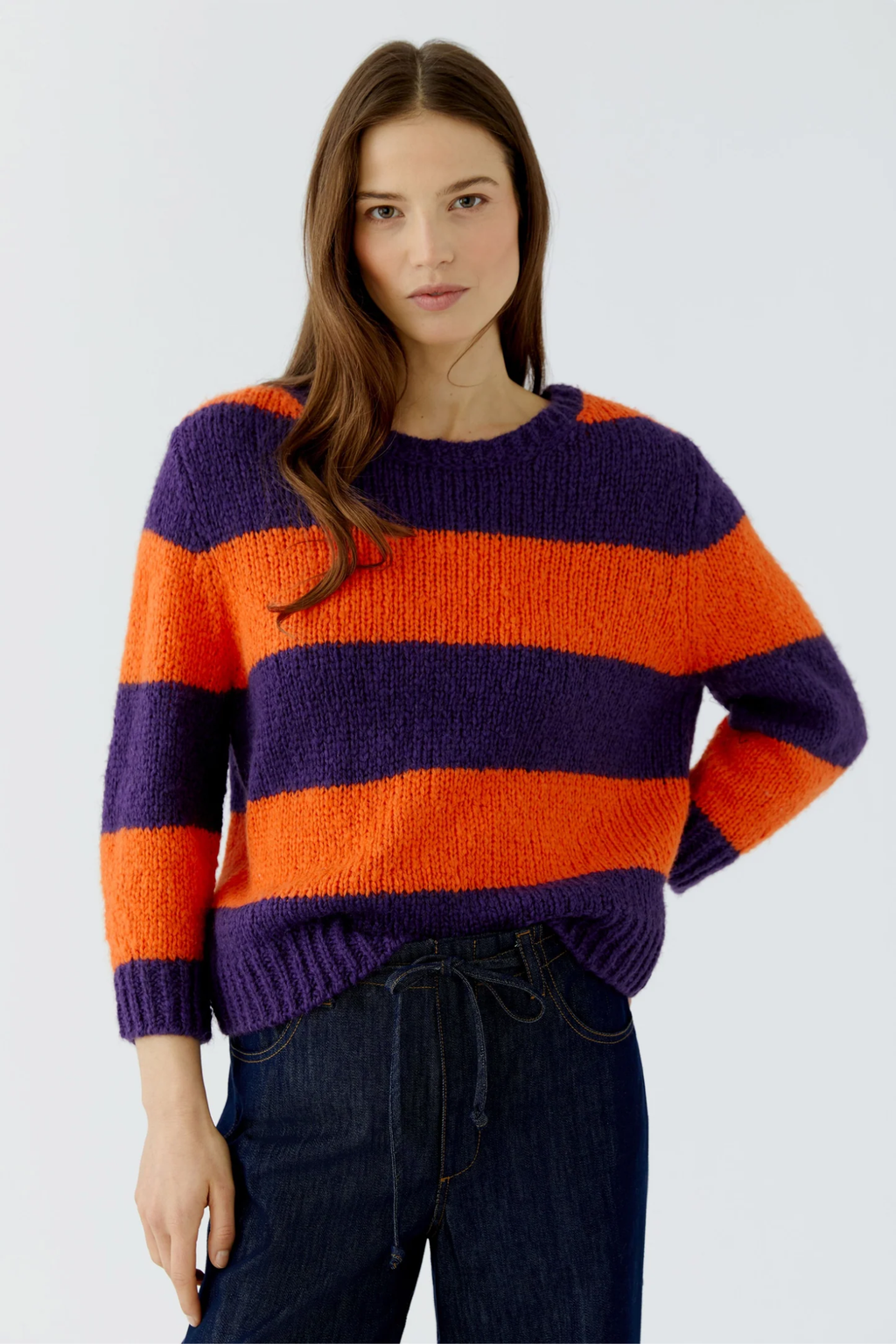Oui 94307 Esmy round neck chunky knit jumper in dark violet and orange striped wool blend.