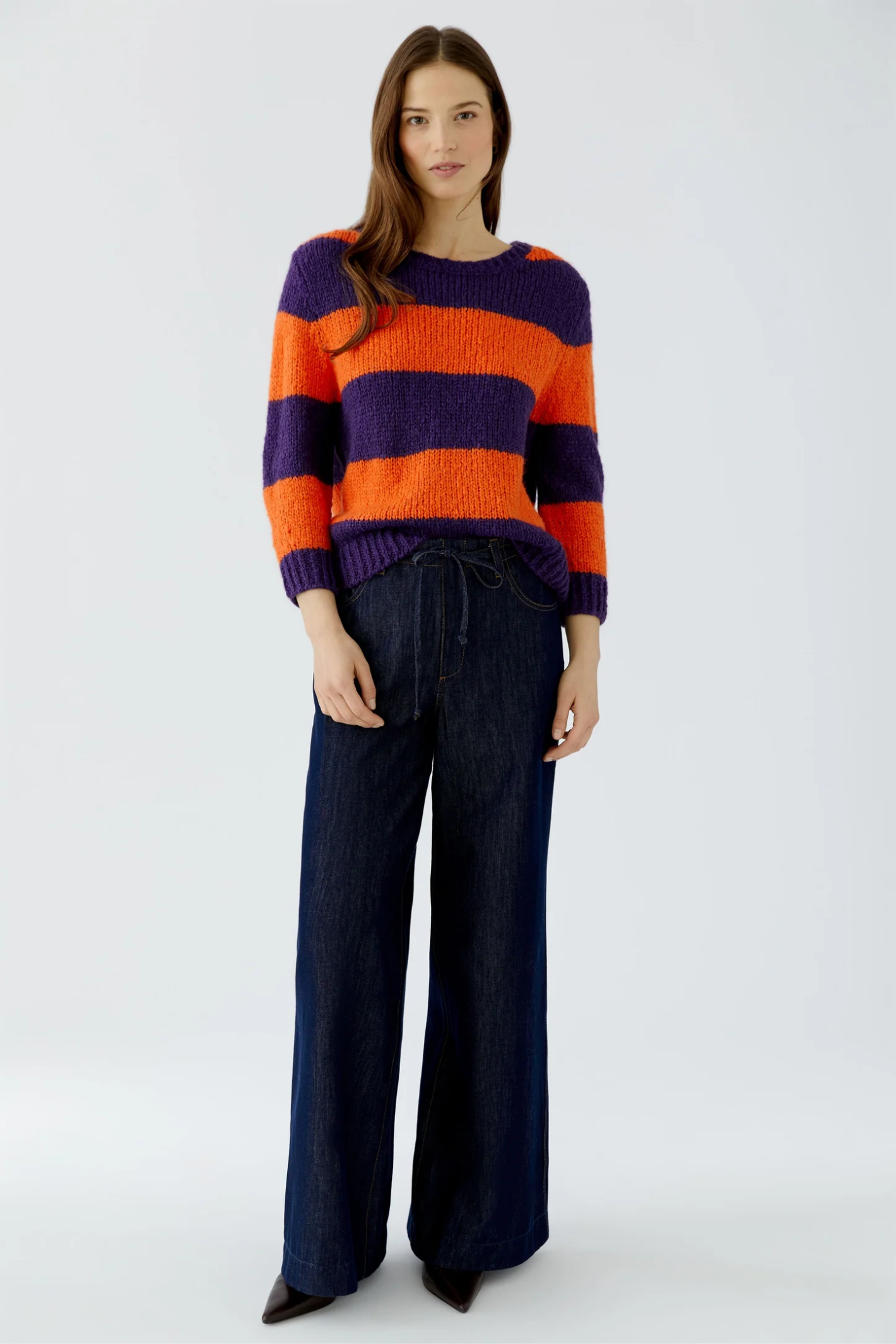 Oui 94307 Esmy round neck chunky knit jumper in dark violet and orange striped wool blend.