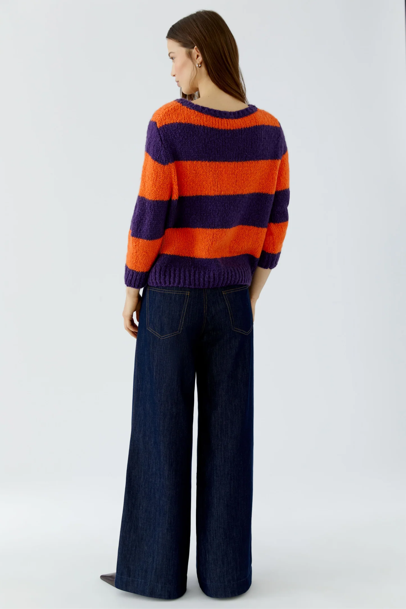 Oui 94307 Esmy round neck chunky knit jumper in dark violet and orange striped wool blend.