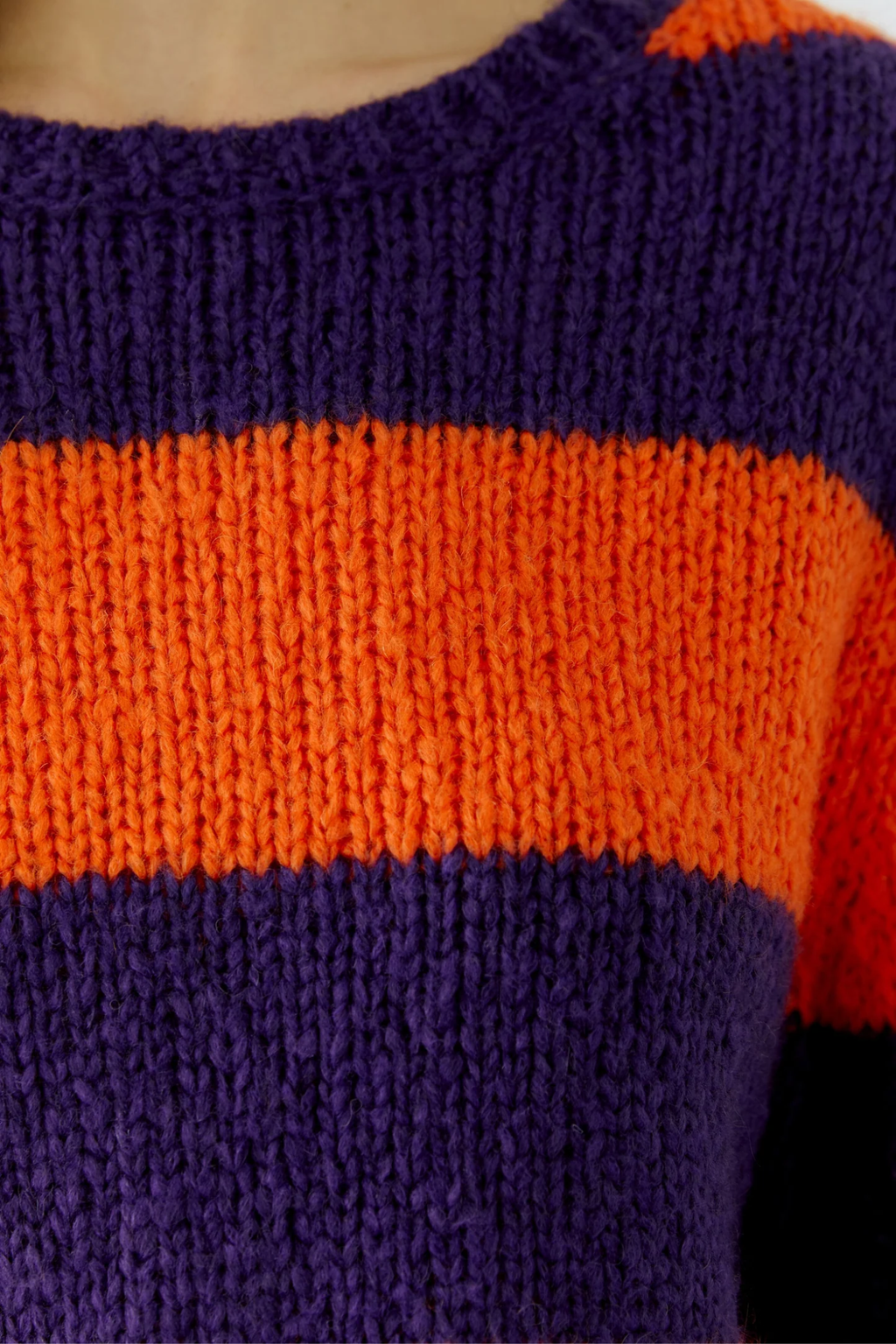 Oui 94307 Esmy round neck chunky knit jumper in dark violet and orange striped wool blend.