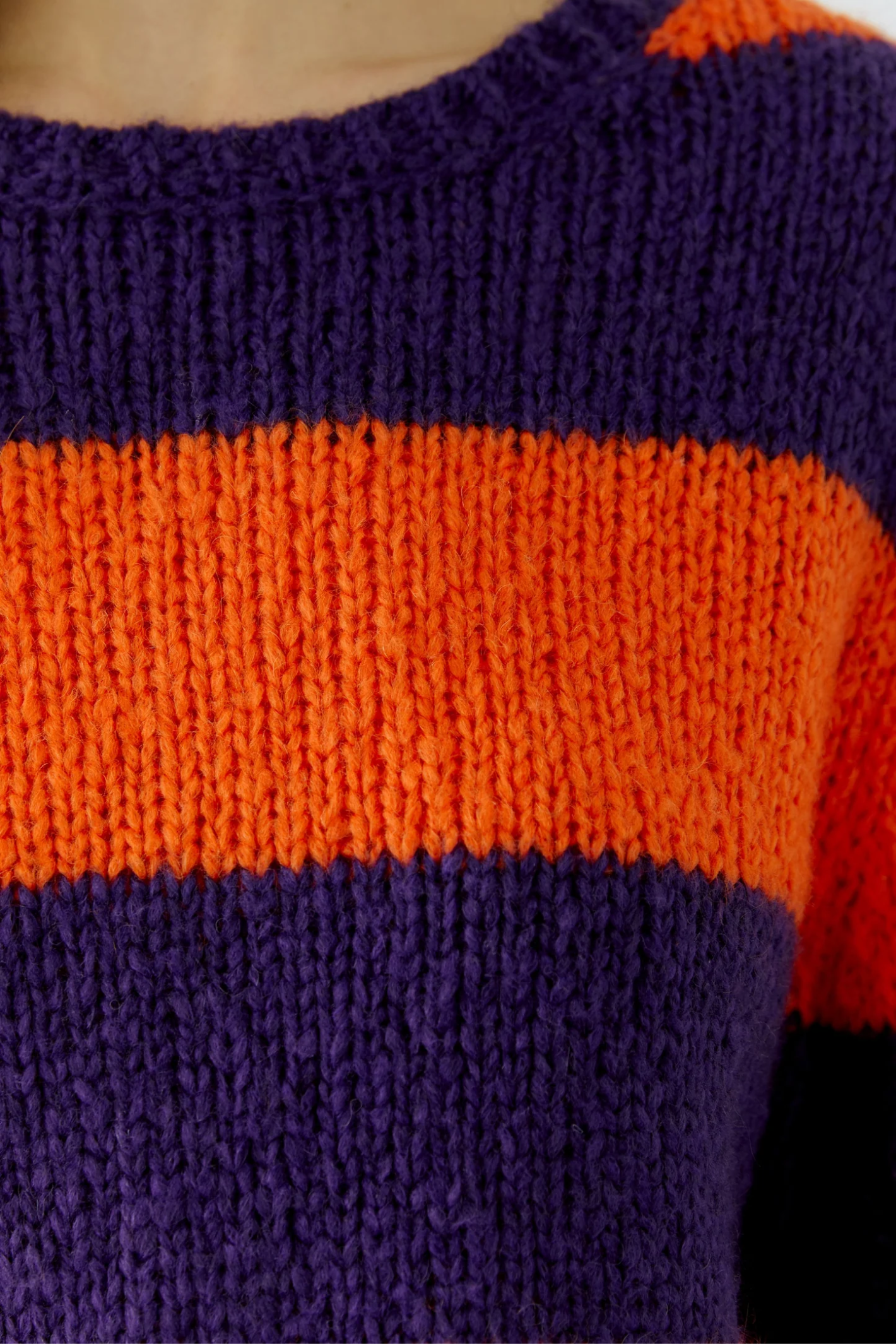 Oui 94307 Esmy round neck chunky knit jumper in dark violet and orange striped wool blend.