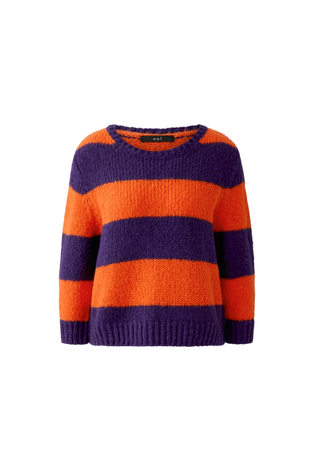 Oui 94307 Esmy round neck chunky knit jumper in dark violet and orange striped wool blend.