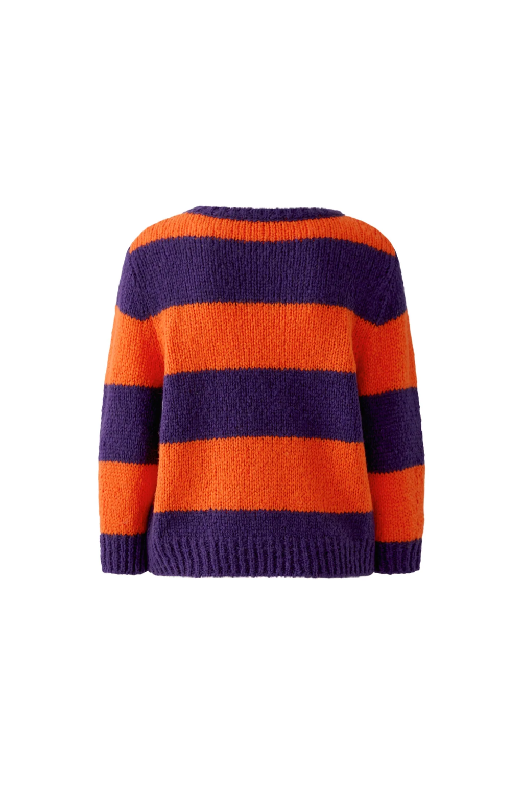 Oui 94307 Esmy round neck chunky knit jumper in dark violet and orange striped wool blend.