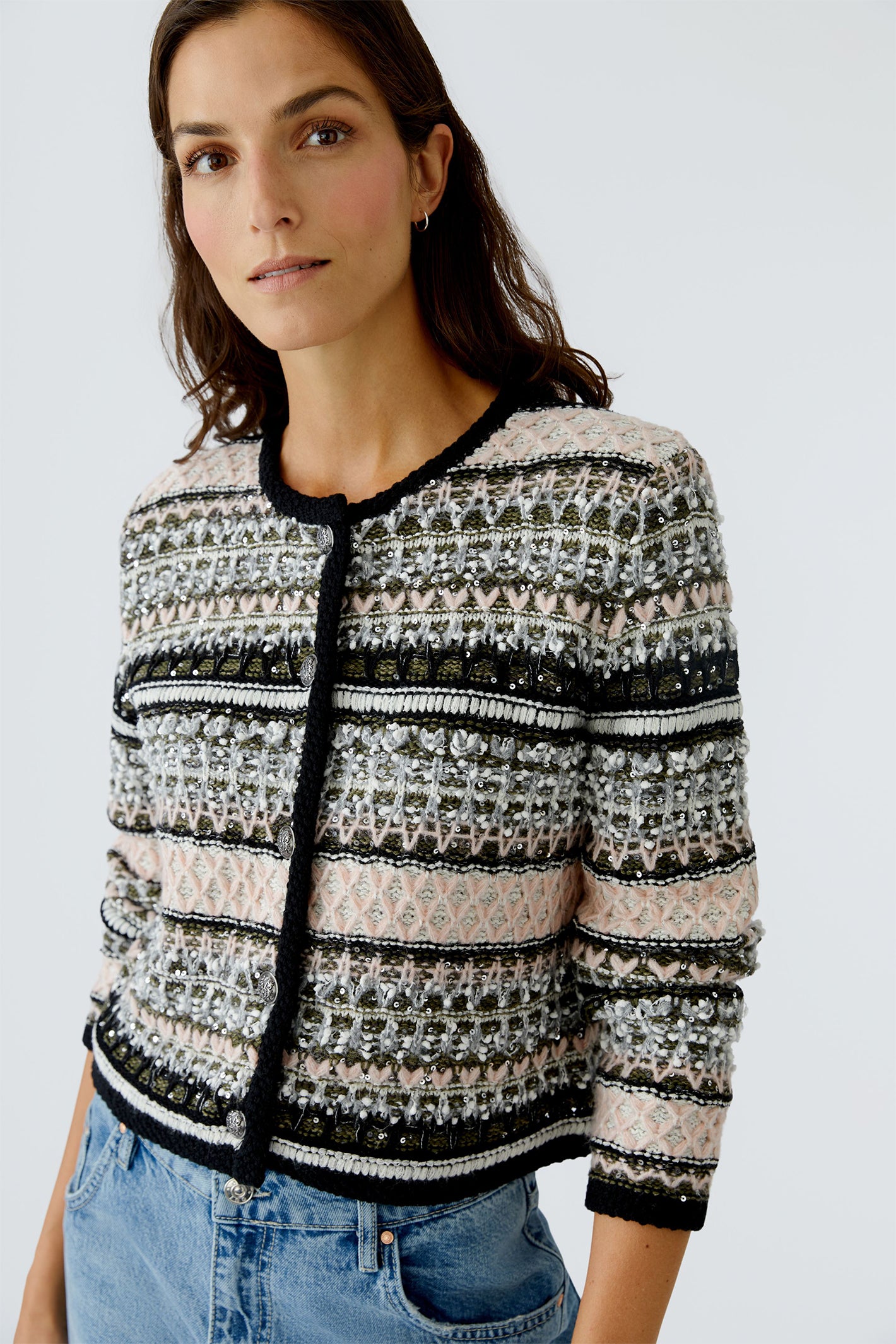 Oui 94828 Jacke 0683 Khaki Rose Striped Cardigan Jacket