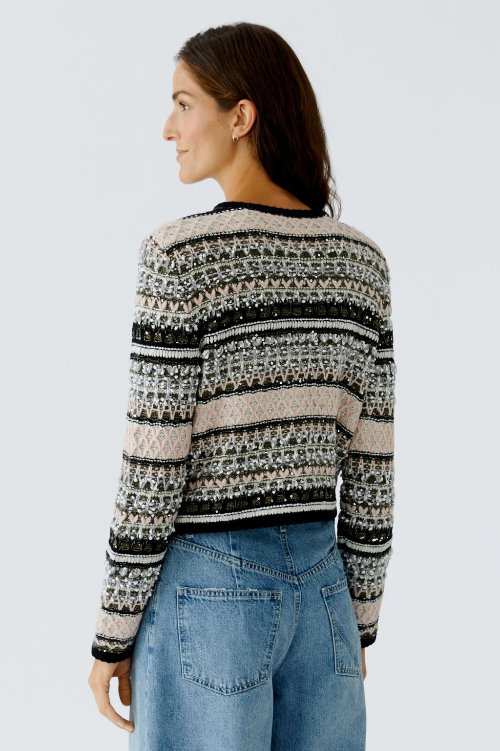 Oui 94828 Jacke 0683 Khaki Rose Striped Cardigan Jacket - Dotique - Oui