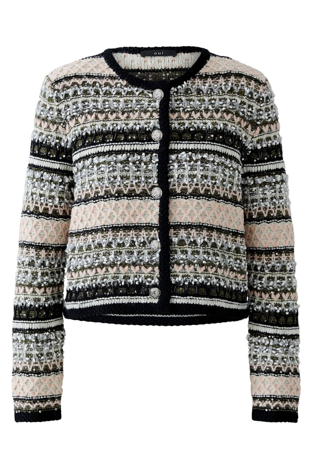 Patterned cardigan with black, white, and beige colors on a white background