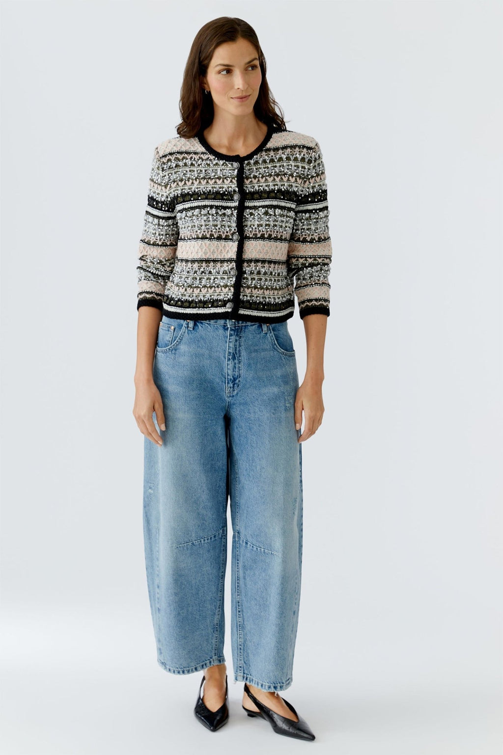 Oui 94828 Jacke 0683 Khaki Rose Striped Cardigan Jacket - Dotique - Oui